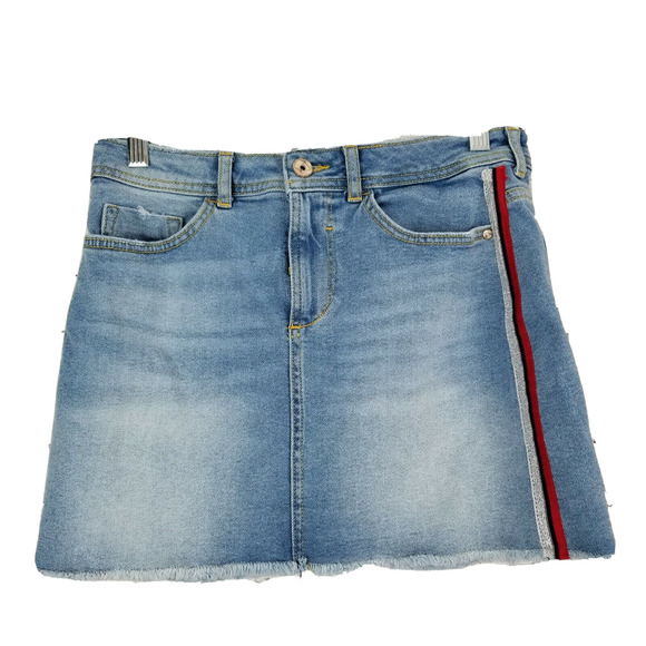 Zara Denim Jean Mini Skirt Medium Pockets Red Silver Stripes Raw Hem Z1975 - Picture 1 of 11